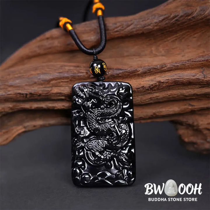 Buddha Stones Natural Black Obsidian Rectangular Dragon Engraved Success Necklace Pendant - BWOOOH - Necklaces &amp;