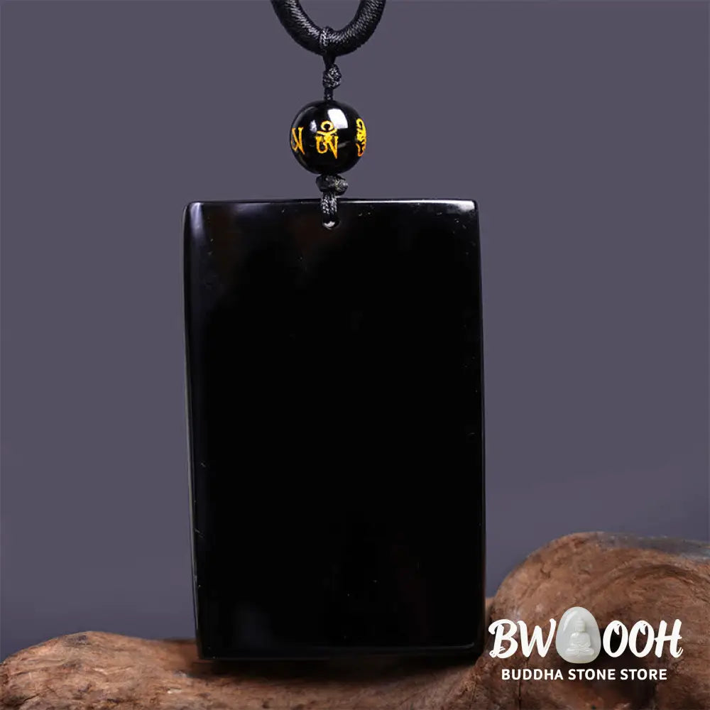 Buddha Stones Natural Black Obsidian Rectangular Dragon Engraved Success Necklace Pendant - BWOOOH - Necklaces &amp;