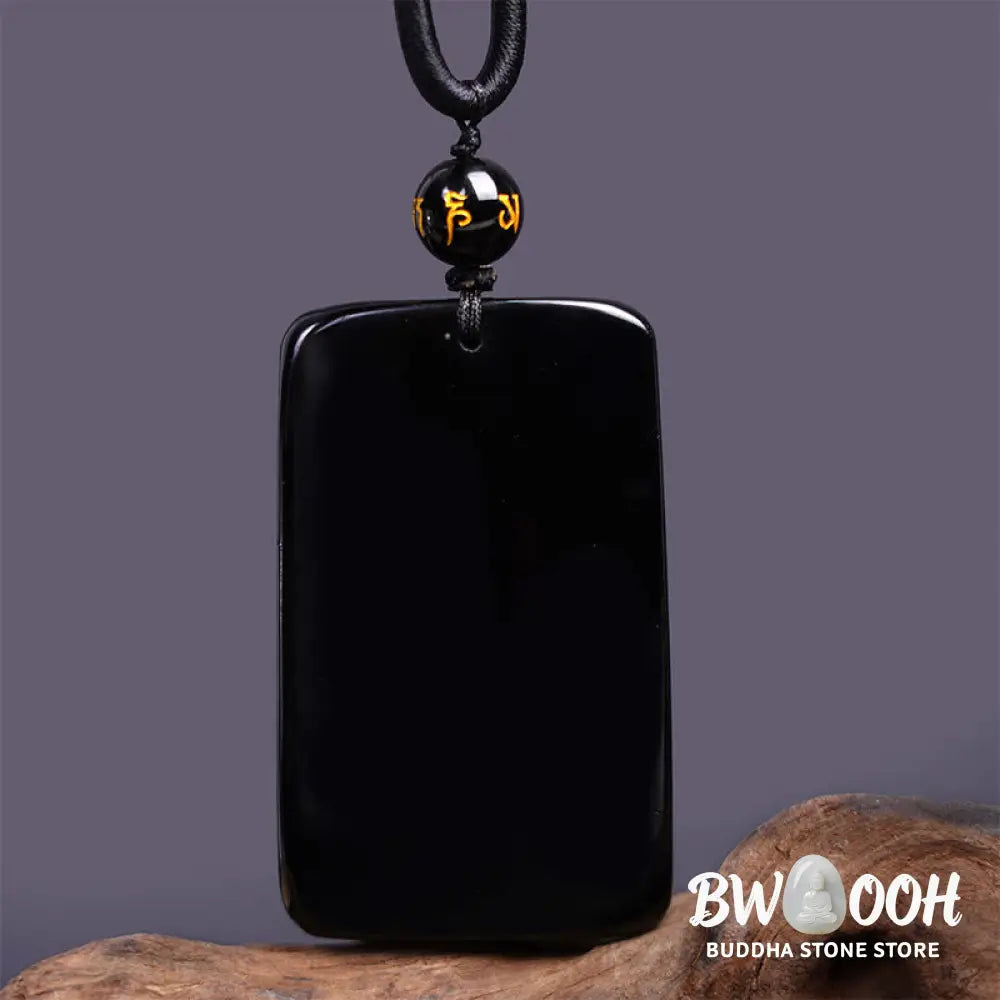 Buddha Stones Natural Black Obsidian Rectangular Dragon Engraved Success Necklace Pendant - BWOOOH - Necklaces &amp;
