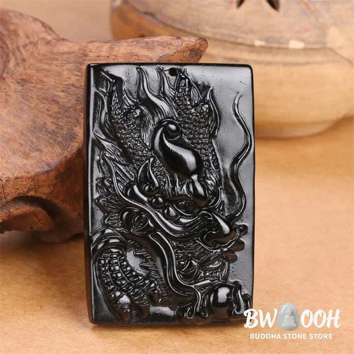 Buddha Stones Natural Black Obsidian Rectangular Dragon Engraved Success Necklace Pendant - BWOOOH - Necklaces &amp;