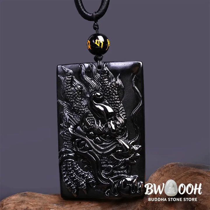 Buddha Stones Natural Black Obsidian Rectangular Dragon Engraved Success Necklace Pendant - BWOOOH - Necklaces &amp;