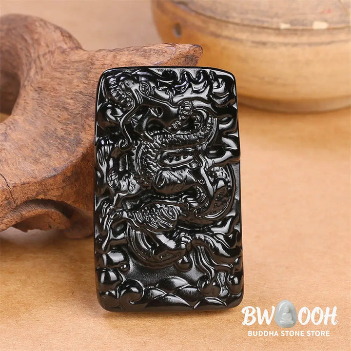 Buddha Stones Natural Black Obsidian Rectangular Dragon Engraved Success Necklace Pendant - BWOOOH - Necklaces &amp;