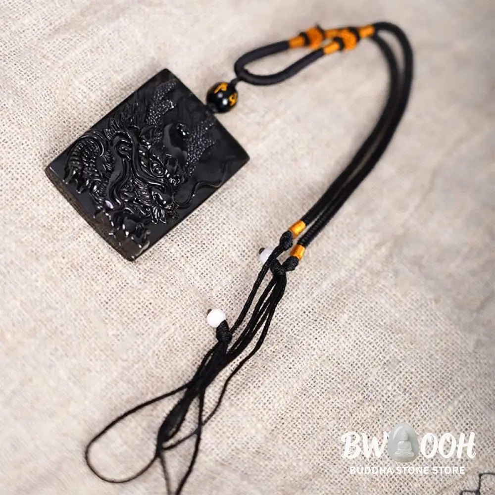 Buddha Stones Natural Black Obsidian Rectangular Dragon Engraved Success Necklace Pendant - BWOOOH - Necklaces &amp;