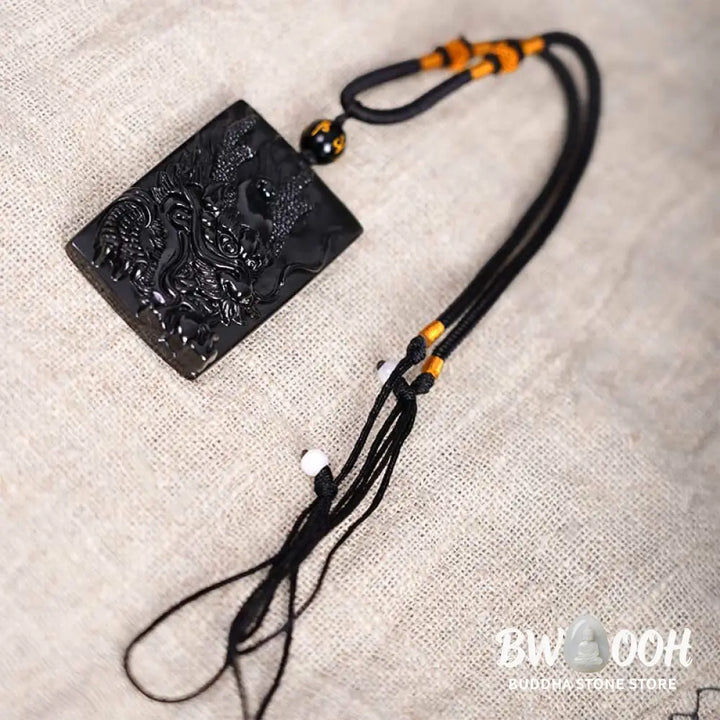 Buddha Stones Natural Black Obsidian Rectangular Dragon Engraved Success Necklace Pendant - BWOOOH - Necklaces &amp;