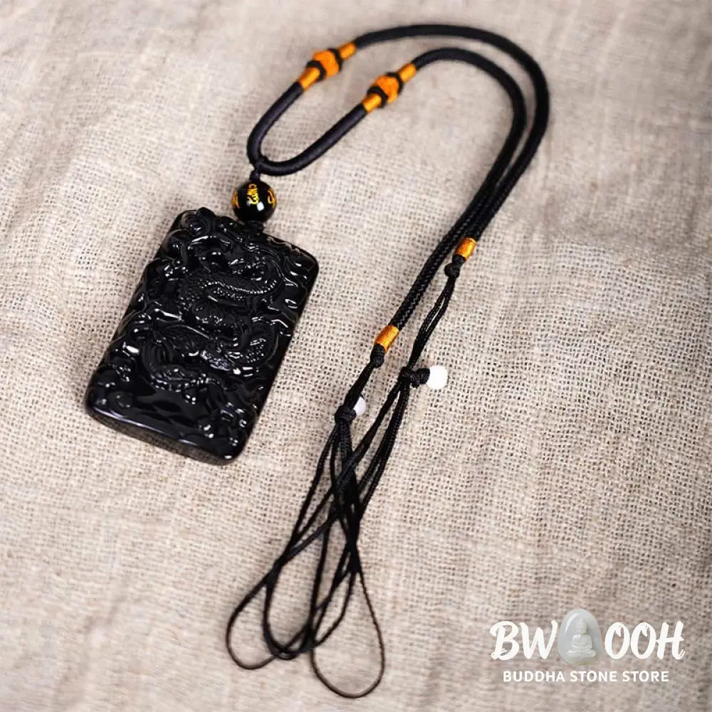 Buddha Stones Natural Black Obsidian Rectangular Dragon Engraved Success Necklace Pendant - BWOOOH - Necklaces &amp;
