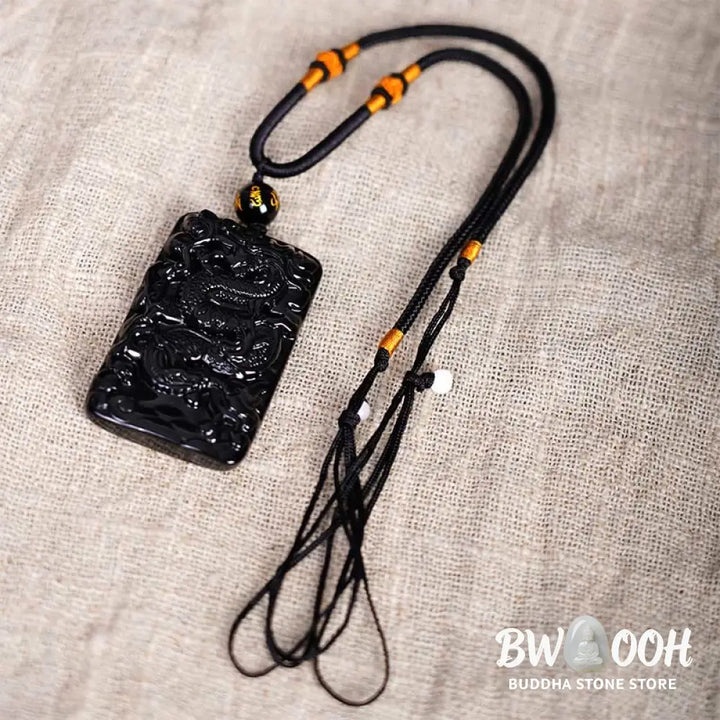 Buddha Stones Natural Black Obsidian Rectangular Dragon Engraved Success Necklace Pendant - BWOOOH - Necklaces &amp;