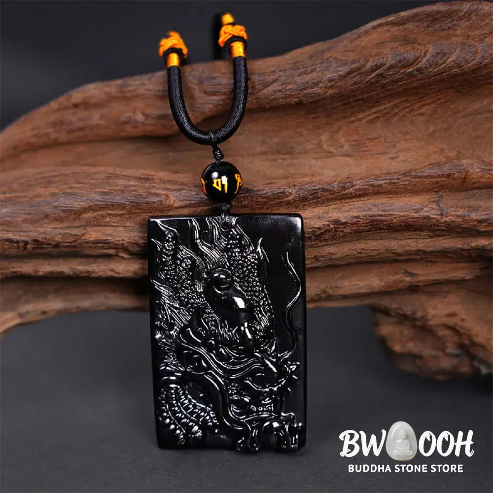 Buddha Stones Natural Black Obsidian Rectangular Dragon Engraved Success Necklace Pendant - BWOOOH - Necklaces &amp;