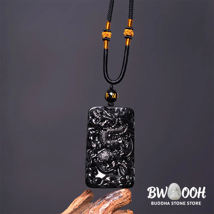Buddha Stones Natural Black Obsidian Rectangular Dragon Engraved Success Necklace Pendant - BWOOOH - Necklaces &amp;
