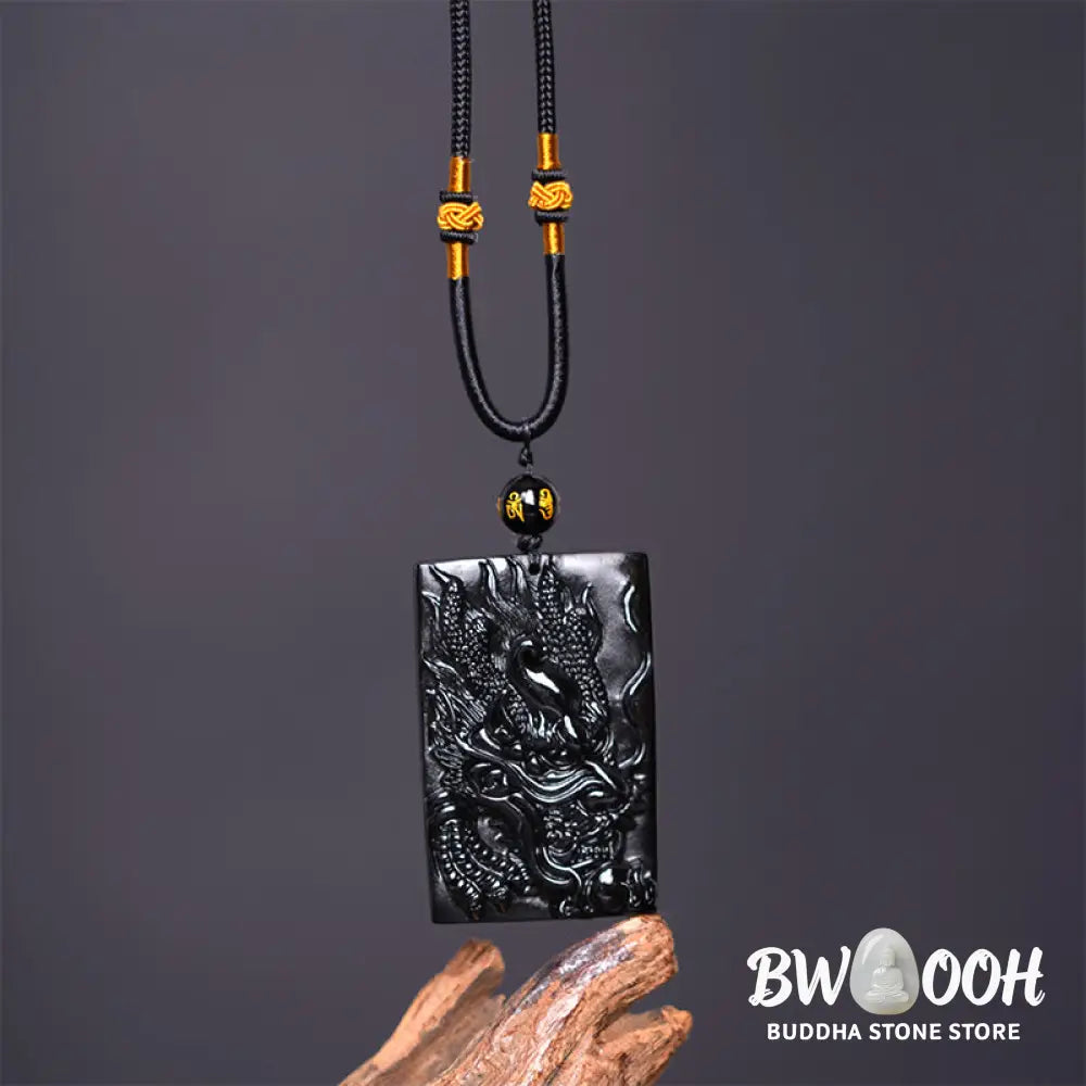 Buddha Stones Natural Black Obsidian Rectangular Dragon Engraved Success Necklace Pendant - BWOOOH - Necklaces &amp;