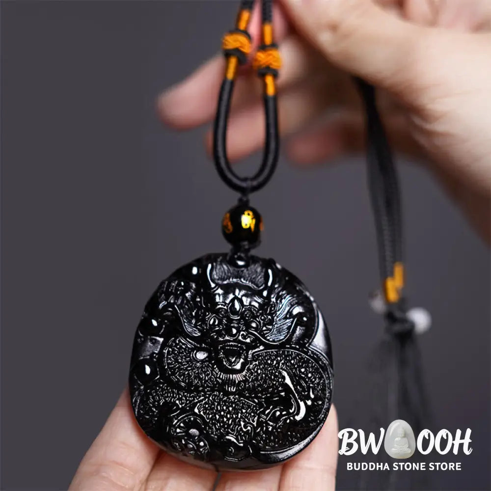 Buddha Stones Natural Black Obsidian Round Dragon Carved Protection Necklace Pendant - BWOOOH - Dragon 45mm*48mm