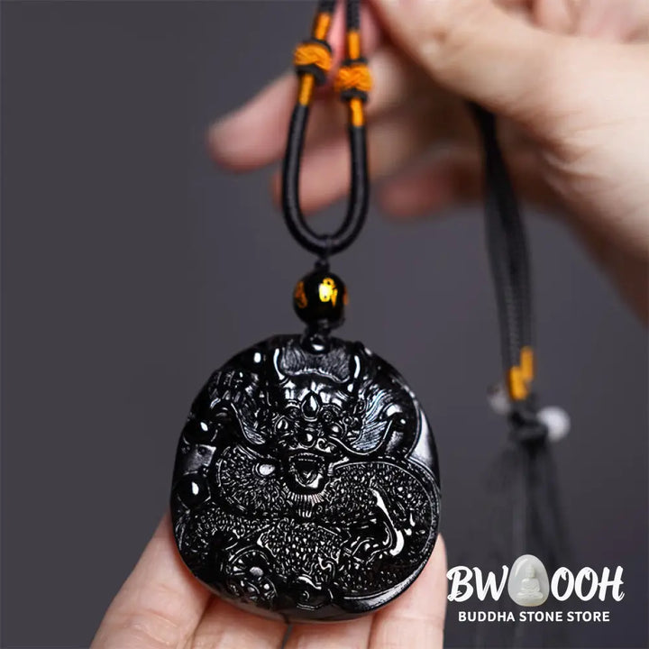 Buddha Stones Natural Black Obsidian Round Dragon Carved Protection Necklace Pendant - BWOOOH - Dragon 45mm*48mm