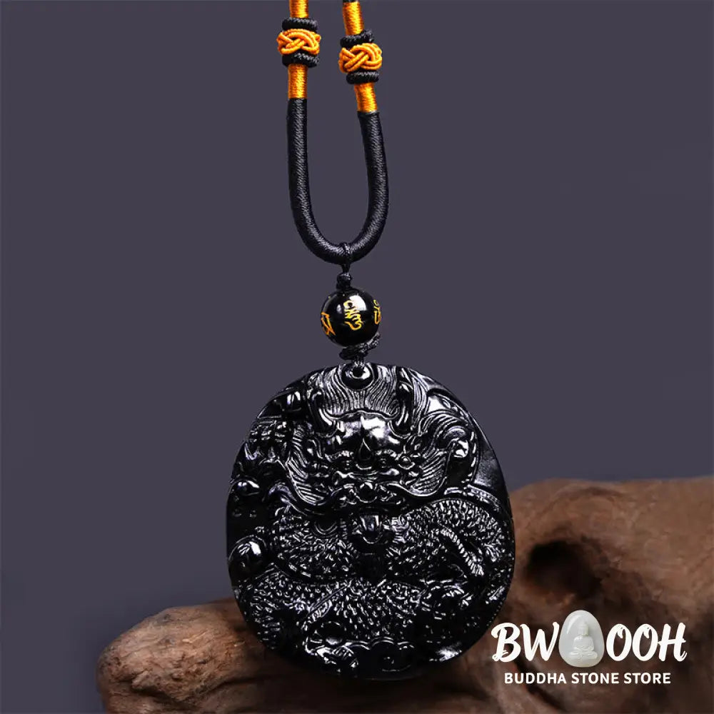 Buddha Stones Natural Black Obsidian Round Dragon Carved Protection Necklace Pendant - BWOOOH - Dragon 45mm*48mm