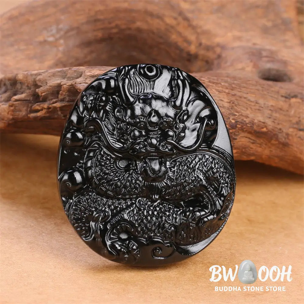Buddha Stones Natural Black Obsidian Round Dragon Carved Protection Necklace Pendant - BWOOOH - Dragon 45mm*48mm
