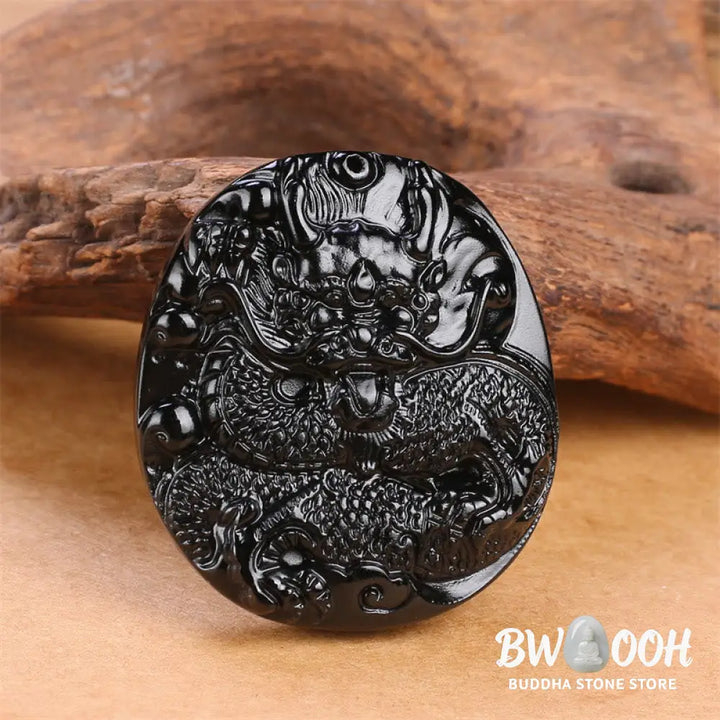 Buddha Stones Natural Black Obsidian Round Dragon Carved Protection Necklace Pendant - BWOOOH - Dragon 45mm*48mm