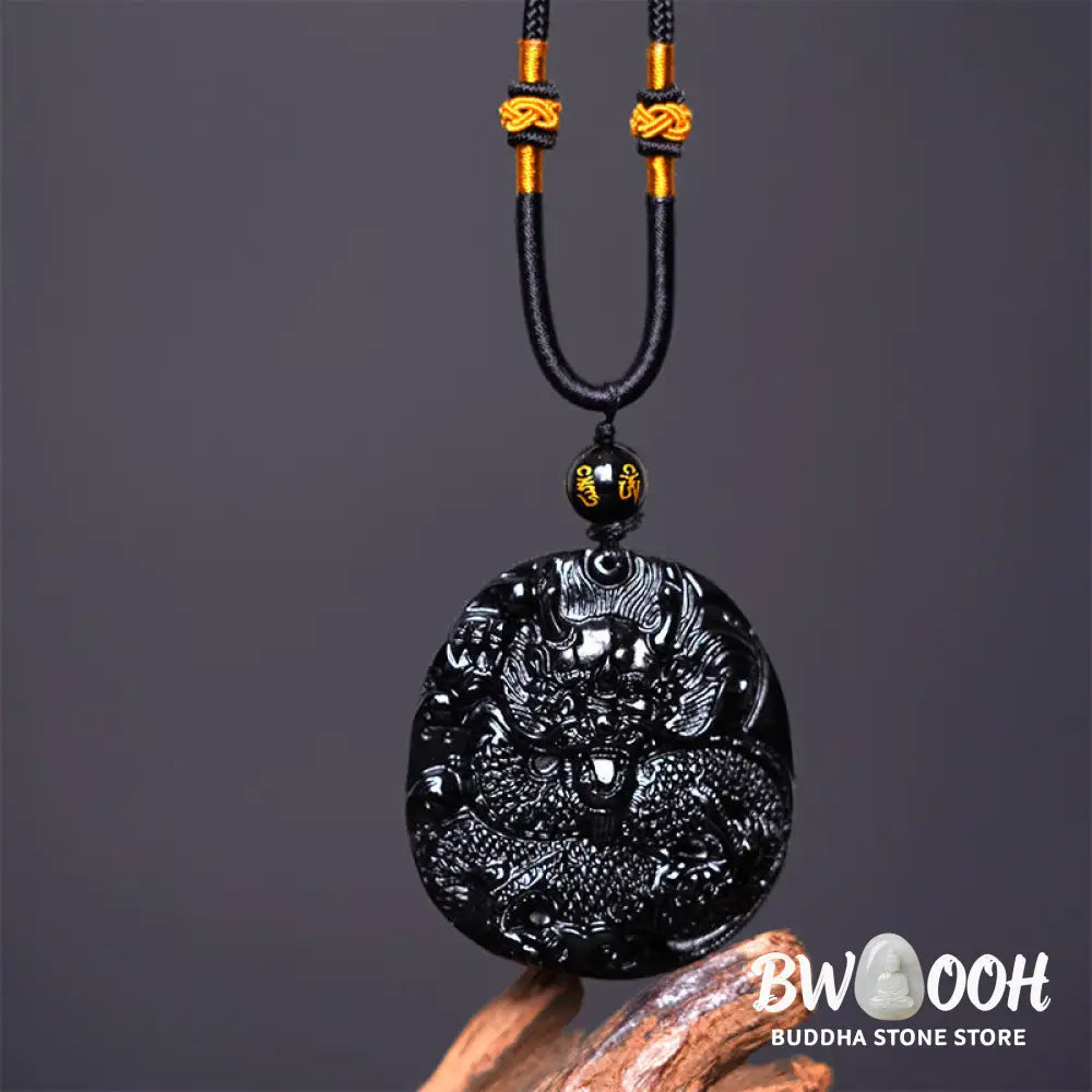 Buddha Stones Natural Black Obsidian Round Dragon Carved Protection Necklace Pendant - BWOOOH - Dragon 45mm*48mm