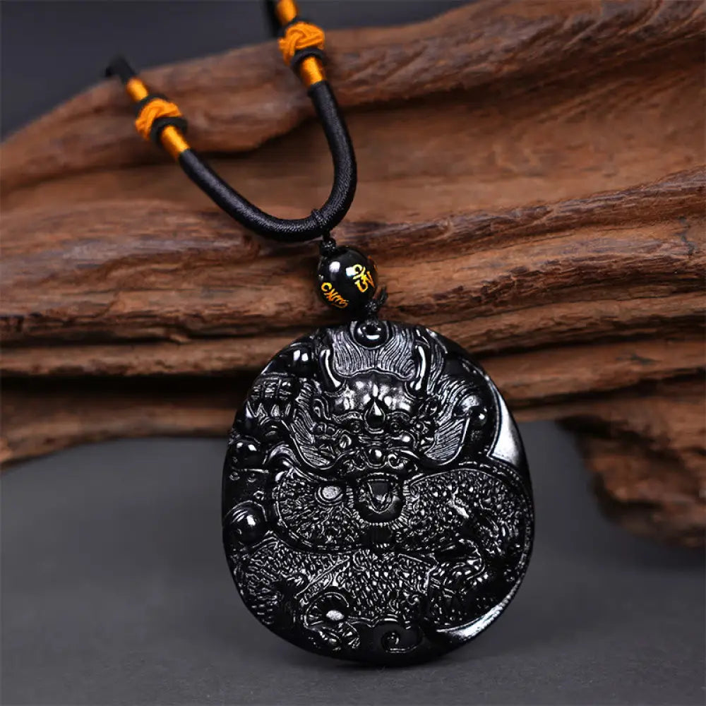 Buddha Stones Natural Black Obsidian Round Dragon Carved Protection Necklace Pendant - BWOOOH - Dragon 45mm*48mm