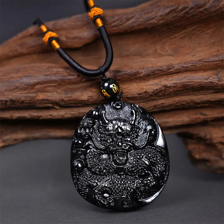 Buddha Stones Natural Black Obsidian Round Dragon Carved Protection Necklace Pendant - BWOOOH - Dragon 45mm*48mm