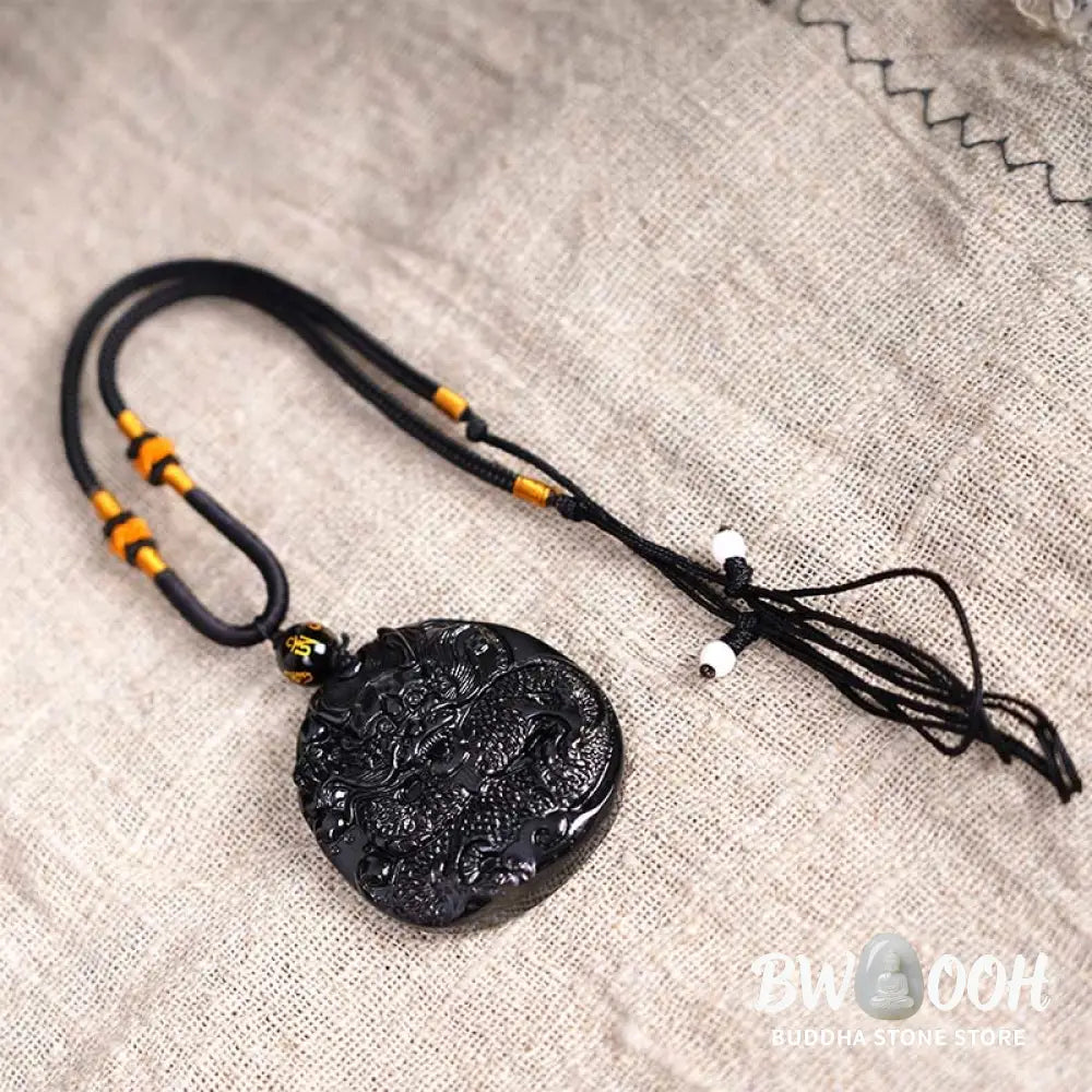 Buddha Stones Natural Black Obsidian Round Dragon Carved Protection Necklace Pendant - BWOOOH - Dragon 45mm*48mm