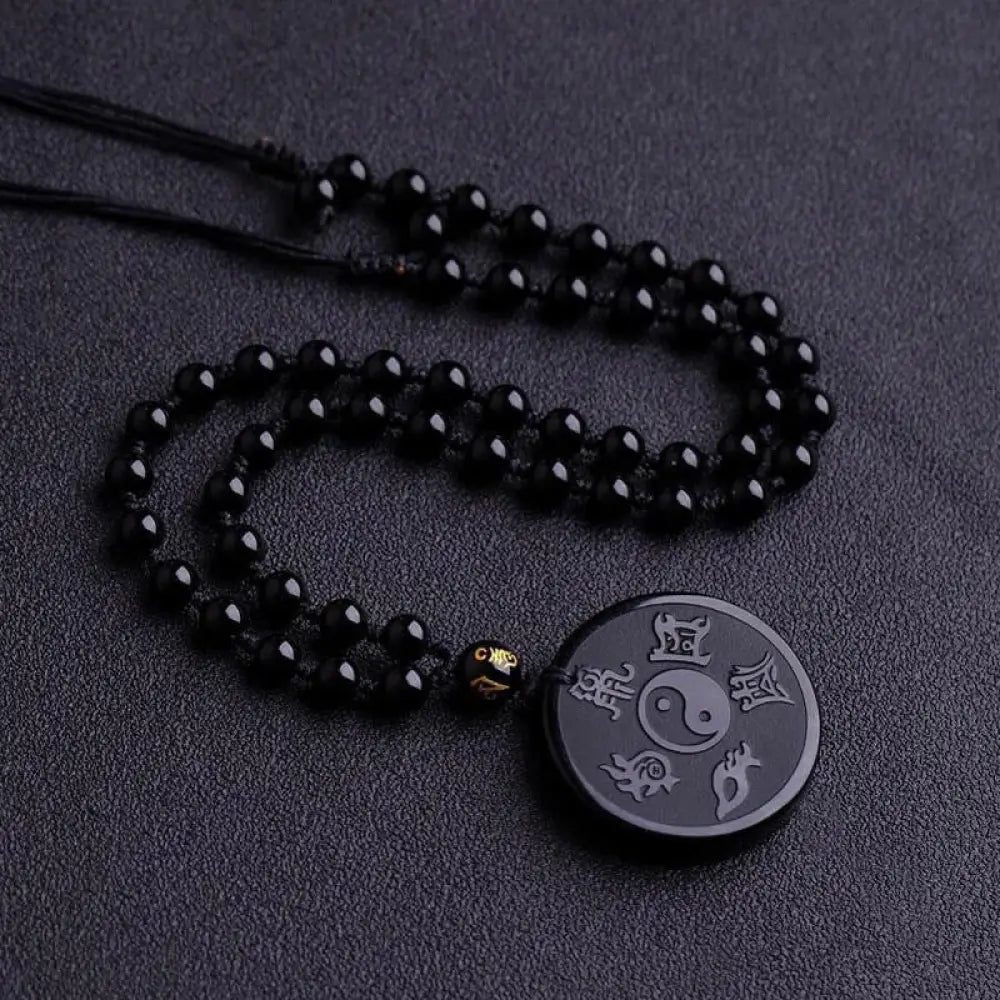 Buddha Stones Natural Black Obsidian Taoism Five Sacred Mountains Nine-Character Mantra Carved Strength Yin Yang