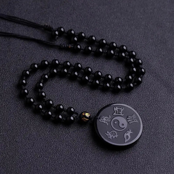 Buddha Stones Natural Black Obsidian Taoism Five Sacred Mountains Nine-Character Mantra Carved Strength Yin Yang