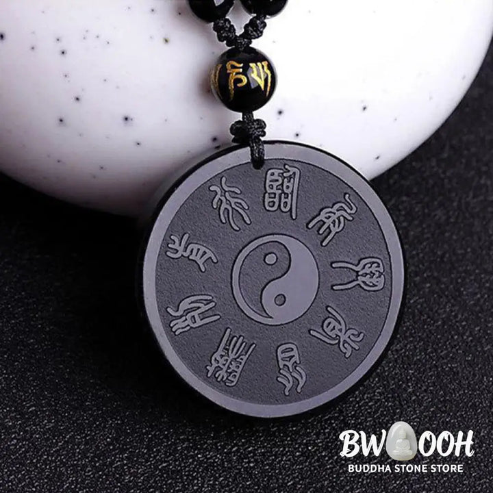 Buddha Stones Natural Black Obsidian Taoism Five Sacred Mountains Nine-Character Mantra Carved Strength Yin Yang