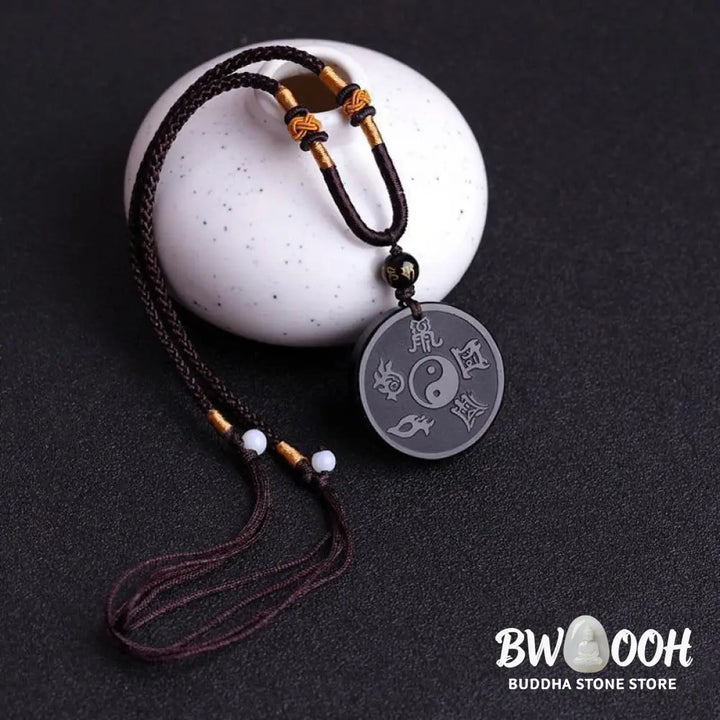 Buddha Stones Natural Black Obsidian Taoism Five Sacred Mountains Nine-Character Mantra Carved Strength Yin Yang