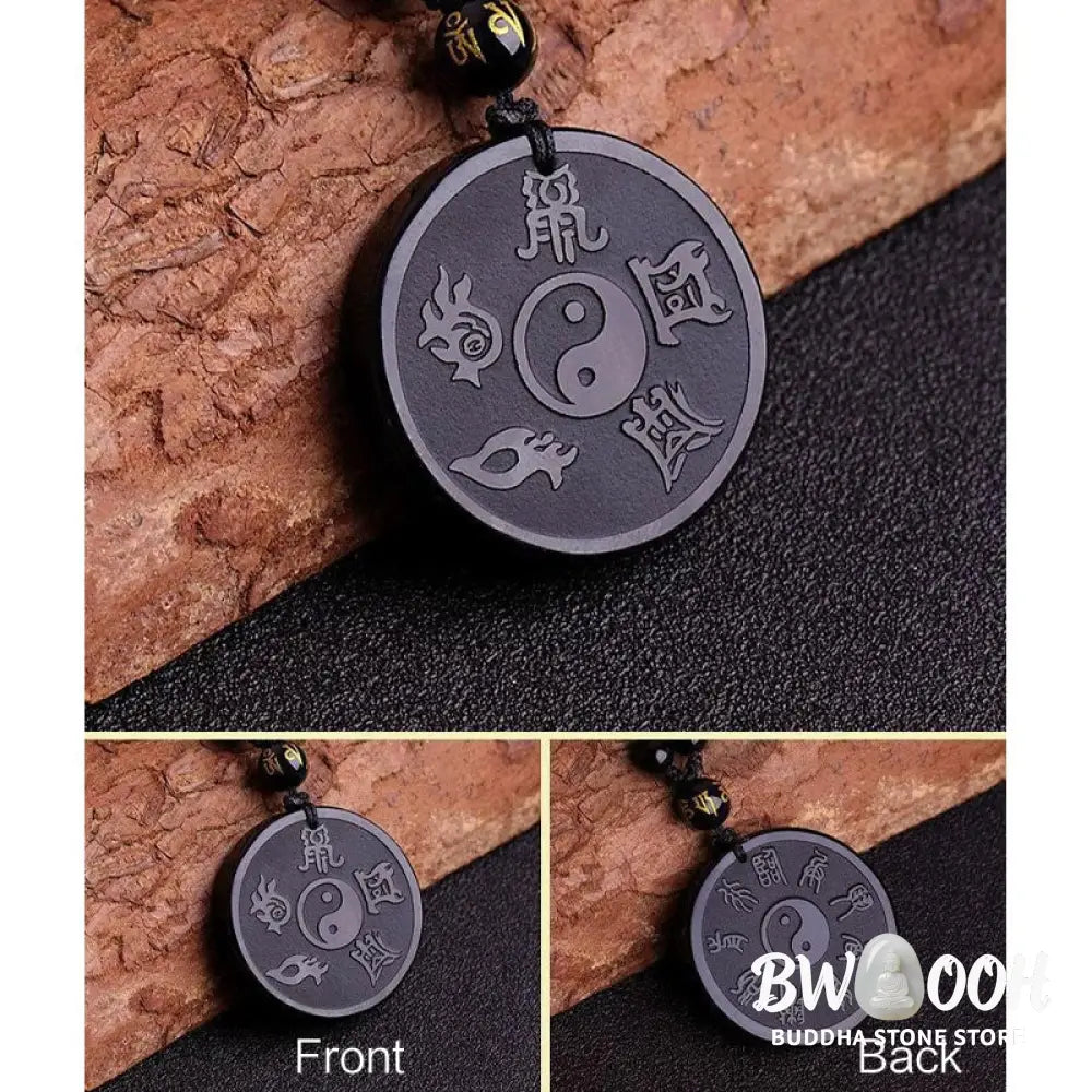Buddha Stones Natural Black Obsidian Taoism Five Sacred Mountains Nine-Character Mantra Carved Strength Yin Yang