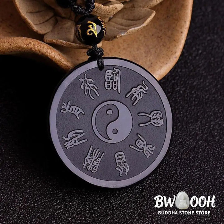 Buddha Stones Natural Black Obsidian Taoism Five Sacred Mountains Nine-Character Mantra Carved Strength Yin Yang