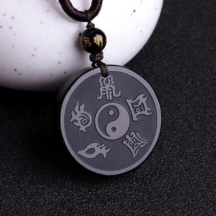 BWOOOH natural black obsidian Taoism Five Sacred Mountains Nine-Character Mantra Yin Yang strength necklace pendant keychain — purification, protection &amp; balance
