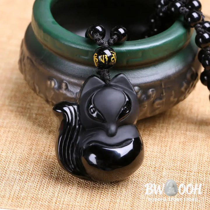 Buddha Stones Natural Black Obsidian Tiger Eye Ice Obsidian Fox Pendant Amulet Necklace - BWOOOH - Necklaces &amp; Pendants