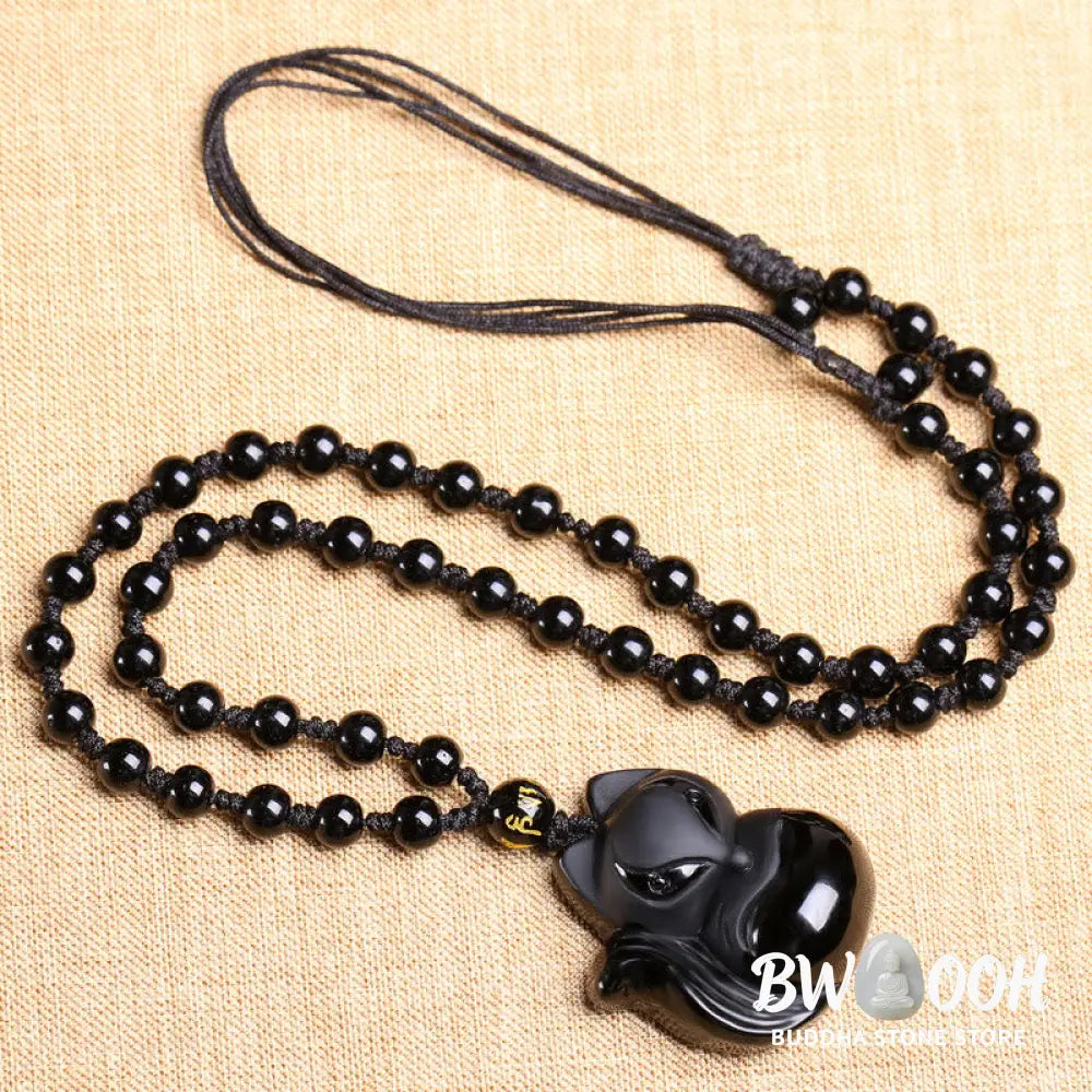Buddha Stones Natural Black Obsidian Tiger Eye Ice Obsidian Fox Pendant Amulet Necklace - BWOOOH - Necklaces &amp; Pendants