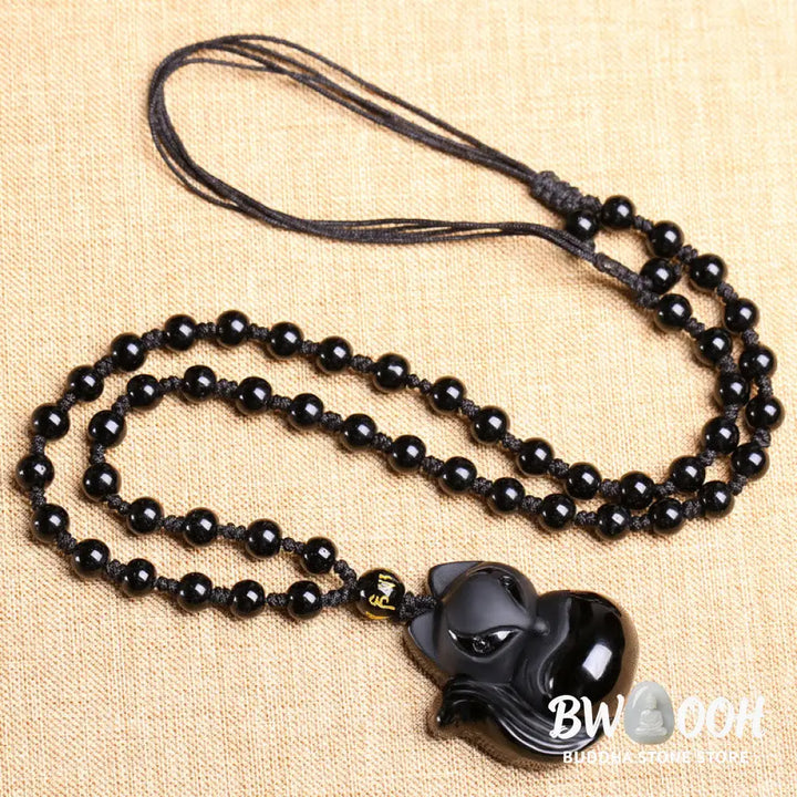 Buddha Stones Natural Black Obsidian Tiger Eye Ice Obsidian Fox Pendant Amulet Necklace - BWOOOH - Necklaces &amp; Pendants