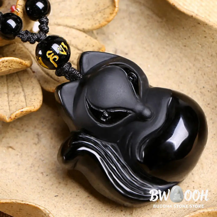 Buddha Stones Natural Black Obsidian Tiger Eye Ice Obsidian Fox Pendant Amulet Necklace - BWOOOH - Necklaces &amp; Pendants