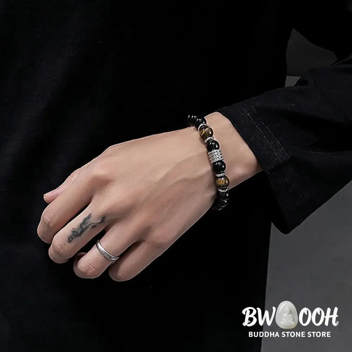 Buddha Stones Natural Black Obsidian Tiger Eye Strength Fulfillment Bracelet - Bracelet