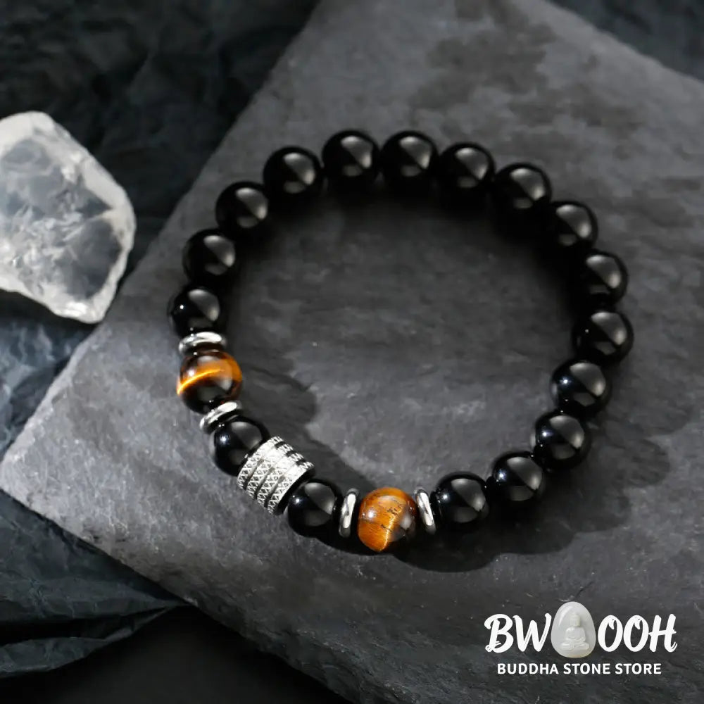 Buddha Stones Natural Black Obsidian Tiger Eye Strength Fulfillment Bracelet - Bracelet