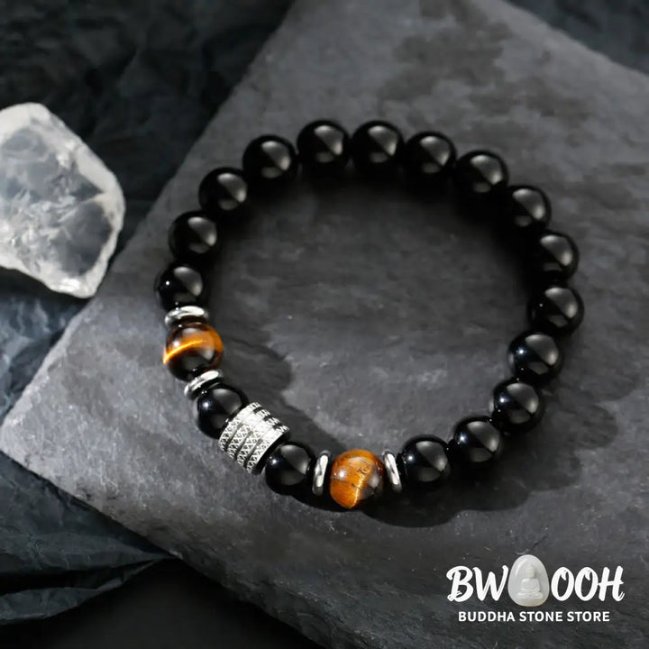 Buddha Stones Natural Black Obsidian Tiger Eye Strength Fulfillment Bracelet - Bracelet