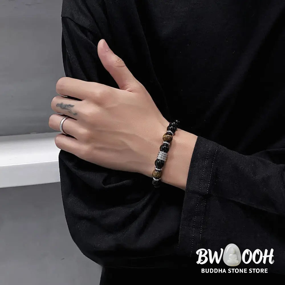 Buddha Stones Natural Black Obsidian Tiger Eye Strength Fulfillment Bracelet - Bracelet