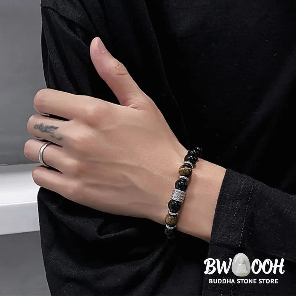 Buddha Stones Natural Black Obsidian Tiger Eye Strength Fulfillment Bracelet - Bracelet