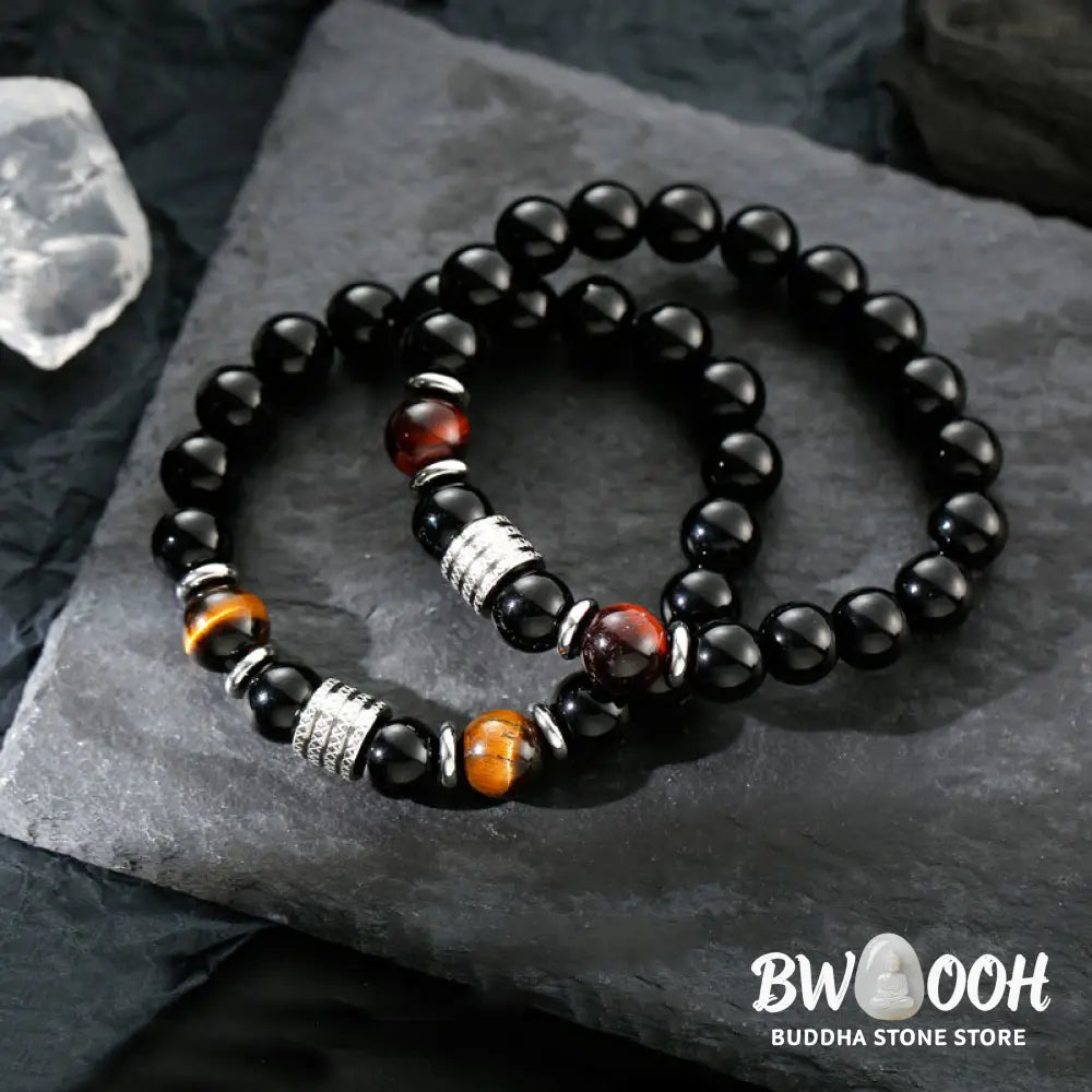 Buddha Stones Natural Black Obsidian Tiger Eye Strength Fulfillment Bracelet - Bracelet