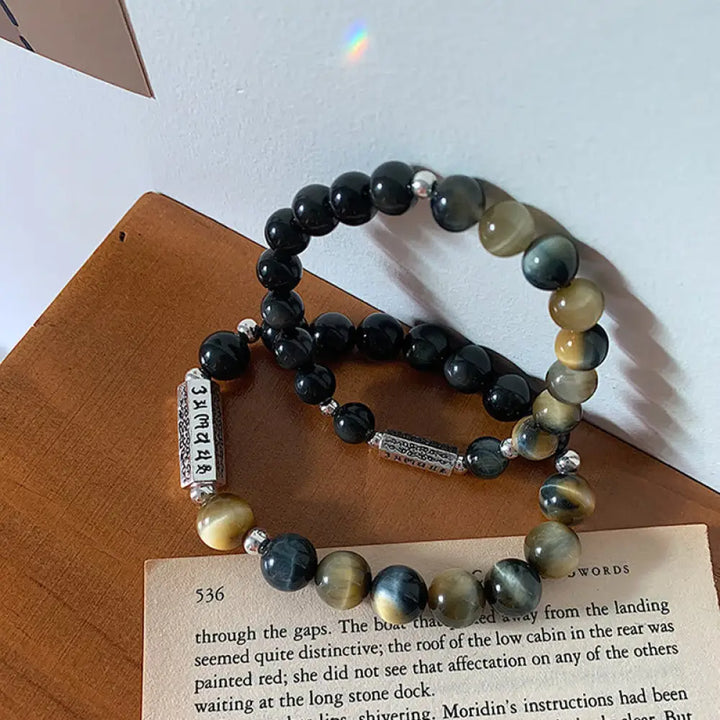 BWOOOH Natural Black Obsidian Tiger’s Eye Six True Words ’om Mani Padme Hum’ Strength Love Bracelet - BWOOOH