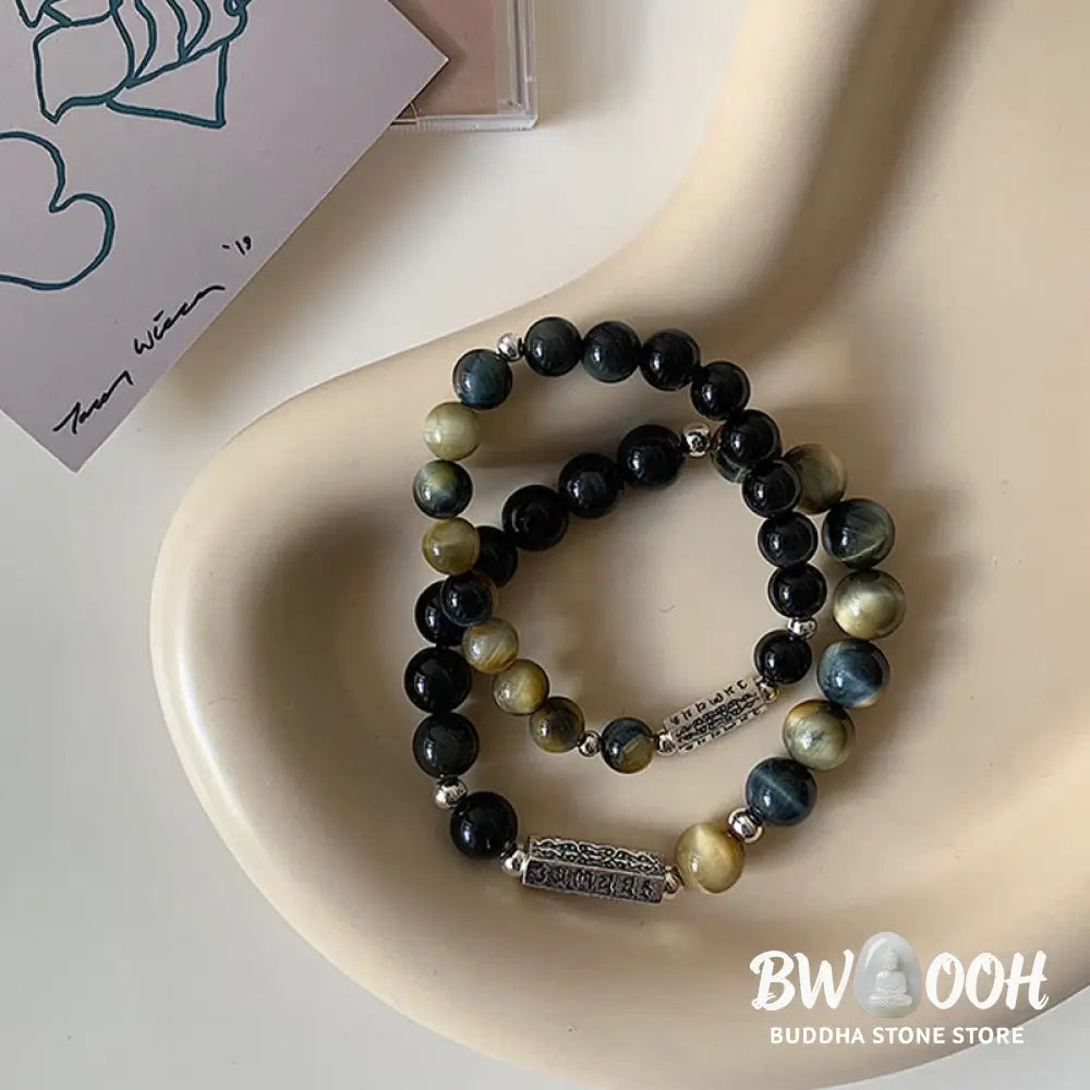 Buddha Stones Natural Black Obsidian Tiger’s Eye Six True Words ’om Mani Padme Hum’ Strength Love Bracelet - BWOOOH