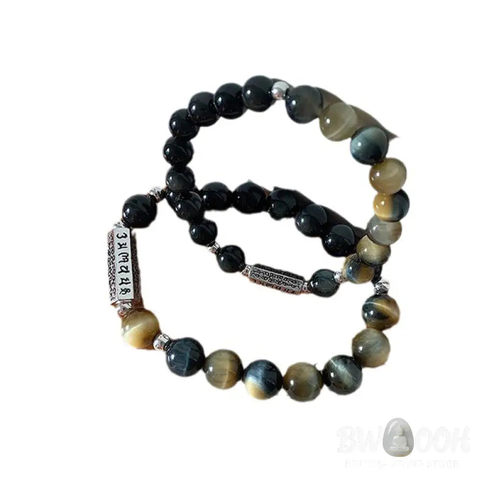 Buddha Stones Natural Black Obsidian Tiger’s Eye Six True Words ’om Mani Padme Hum’ Strength Love Bracelet - BWOOOH