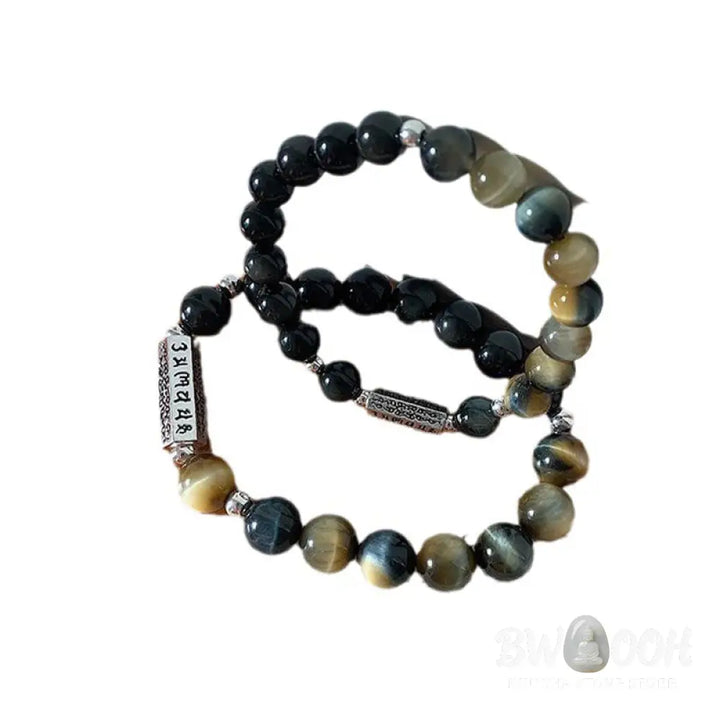 Buddha Stones Natural Black Obsidian Tiger’s Eye Six True Words ’om Mani Padme Hum’ Strength Love Bracelet - BWOOOH