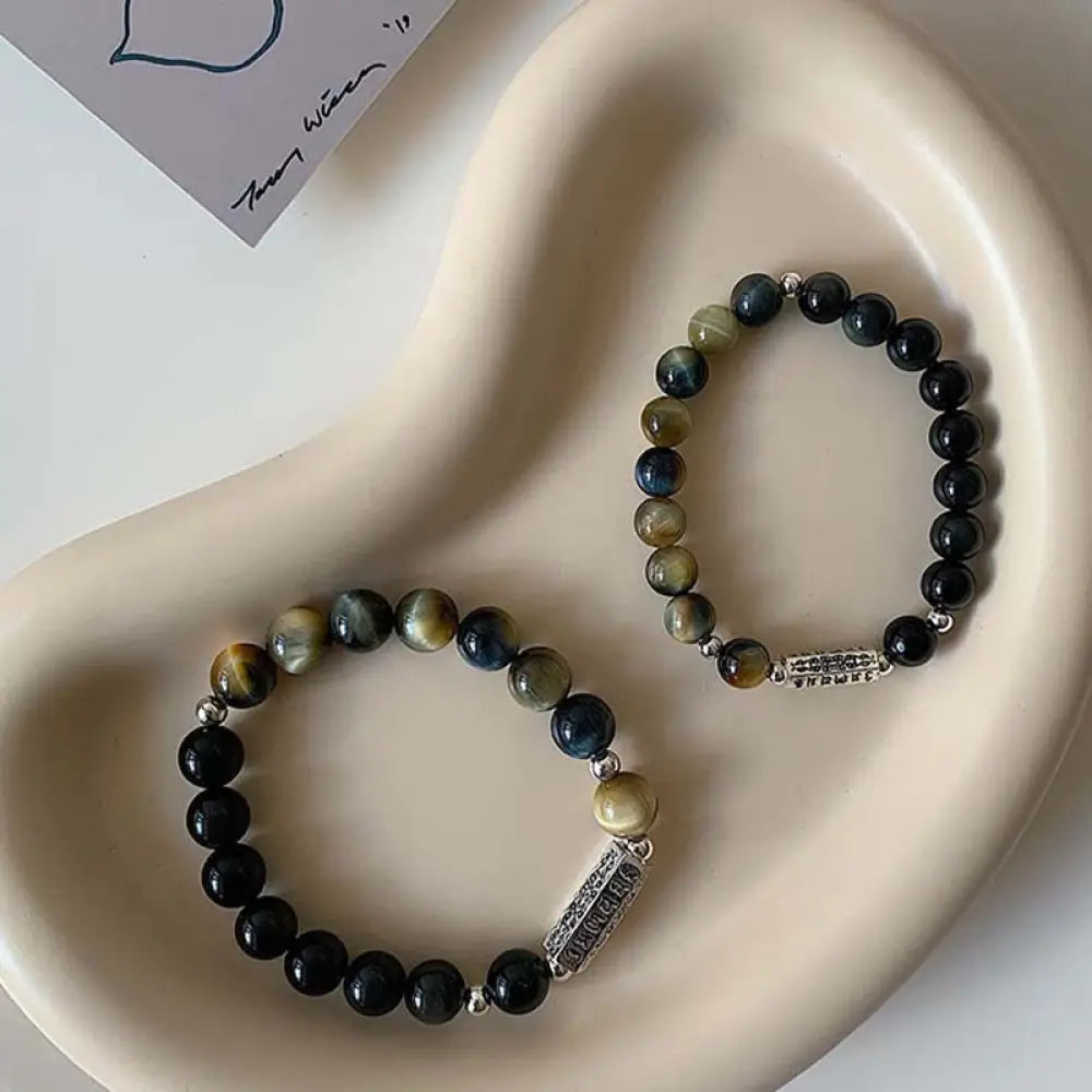 Buddha Stones Natural Black Obsidian Tiger’s Eye Six True Words ’om Mani Padme Hum’ Strength Love Bracelet - BWOOOH