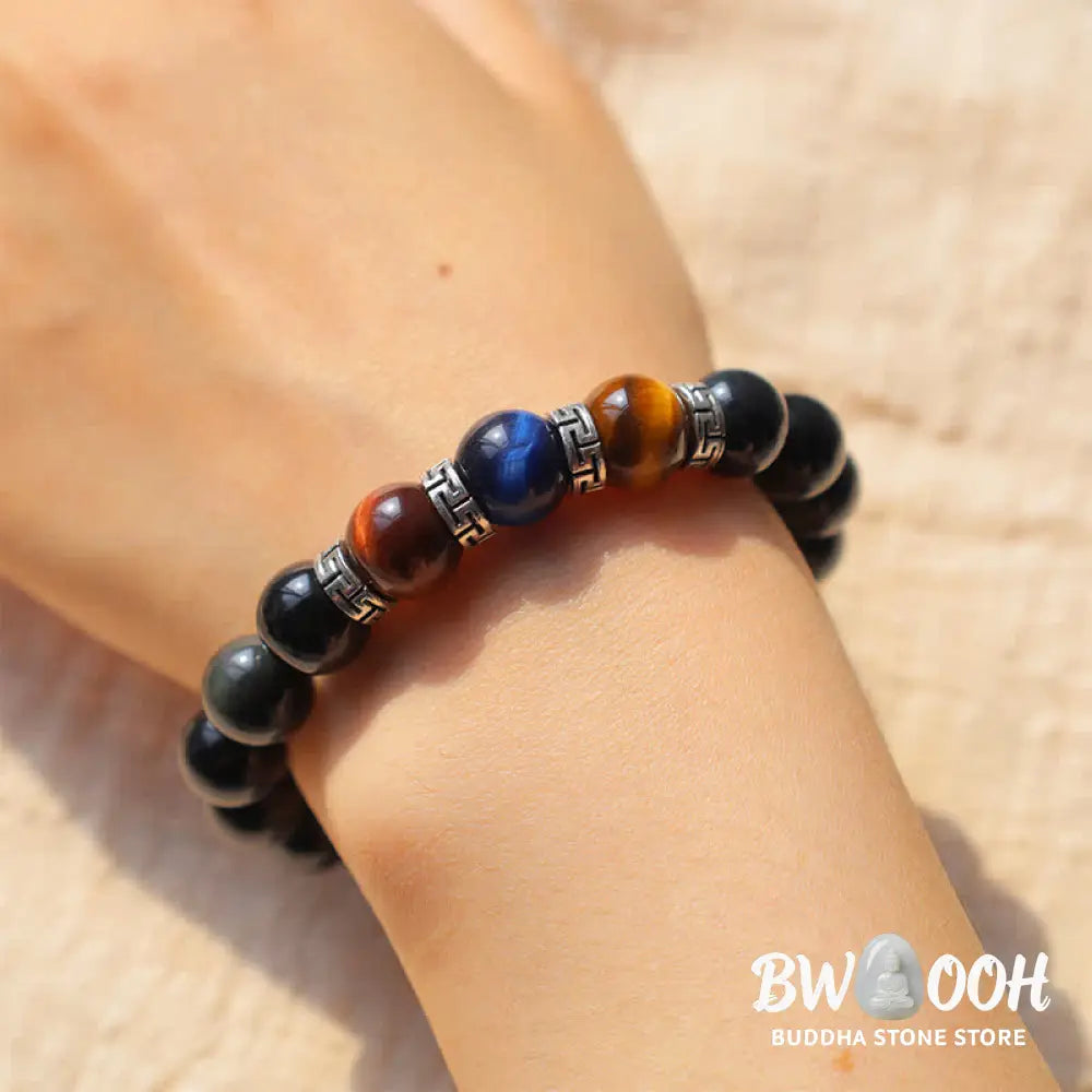 BWOOOH Natural Black Obsidian Tricolor Tiger Eye Strength Bracelet | spiritual healing bracelet