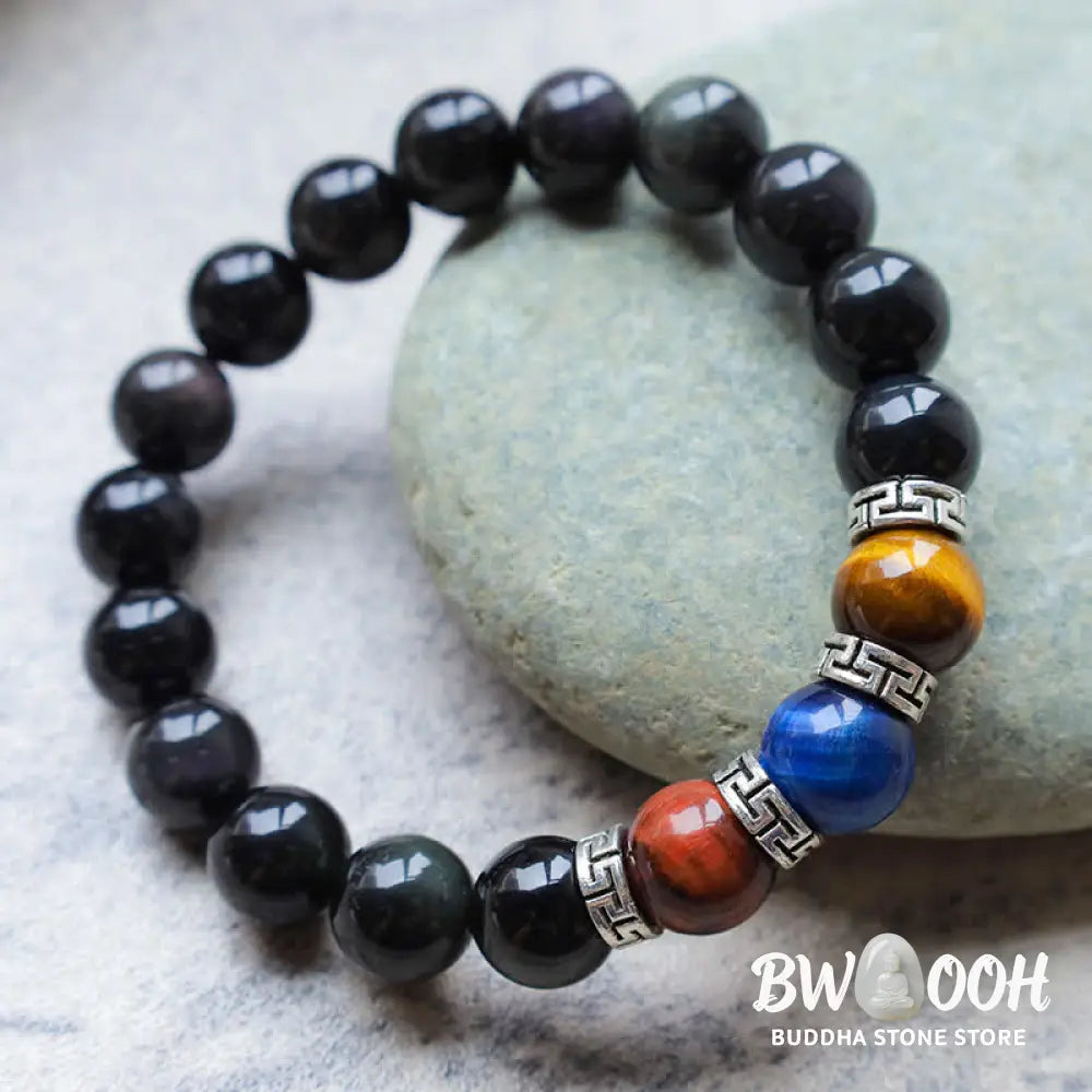 BWOOOH Natural Black Obsidian Tricolor Tiger Eye Strength Bracelet | spiritual healing bracelet