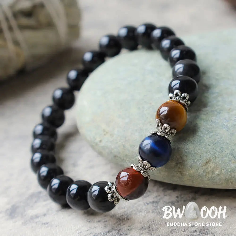 BWOOOH Natural Black Obsidian Tricolor Tiger Eye Strength Bracelet | spiritual healing bracelet