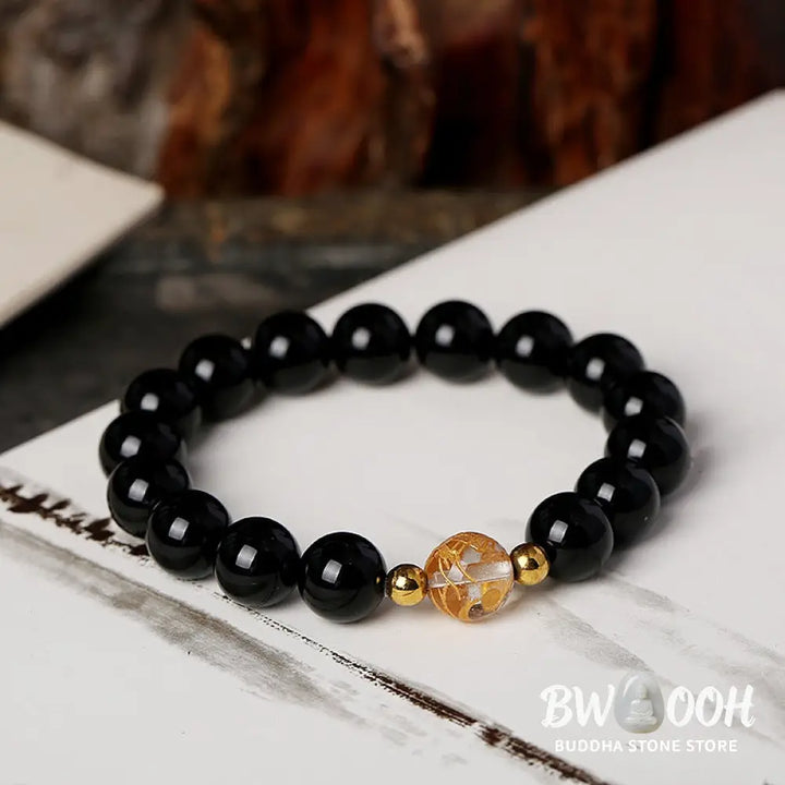 Buddha Stones Natural Black Obsidian White Crystal Black Onyx Dragon Strength Bracelet - BWOOOH - Bracelet