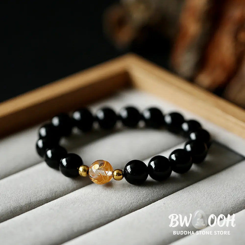 Buddha Stones Natural Black Obsidian White Crystal Black Onyx Dragon Strength Bracelet - BWOOOH - Bracelet