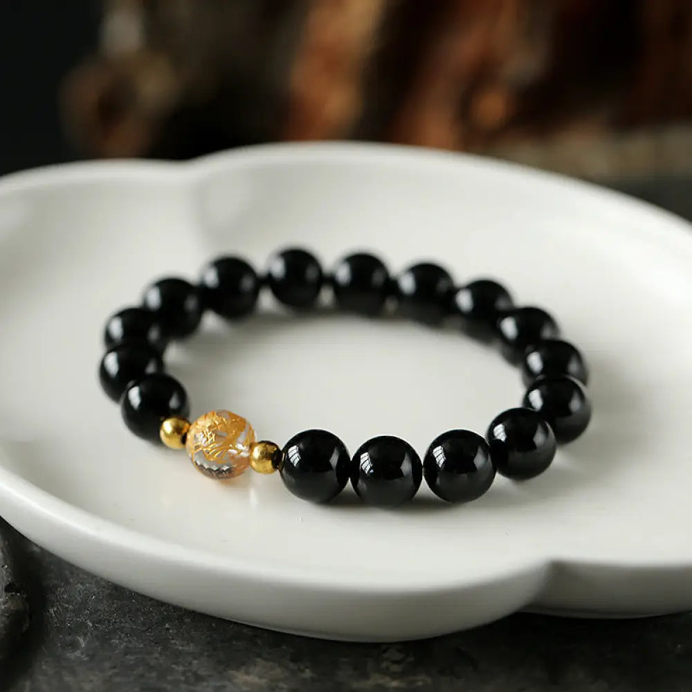 Buddha Stones Natural Black Obsidian White Crystal Black Onyx Dragon Strength Bracelet - BWOOOH - Black Onyx(Wrist